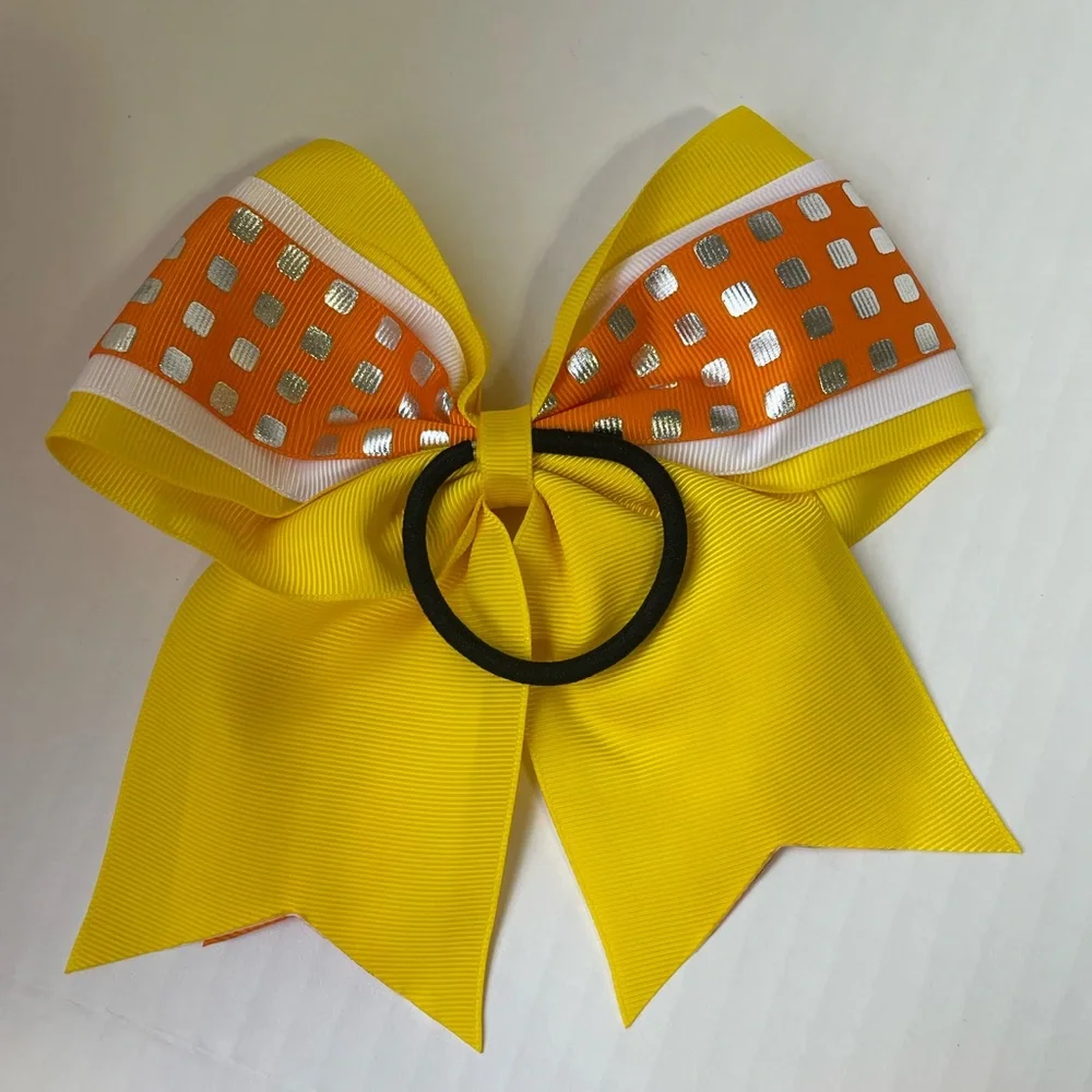 6 Piece 7” and 6”  inch Pony Tail Cheer Bows Chevron Glitter Polka Dot Checkered